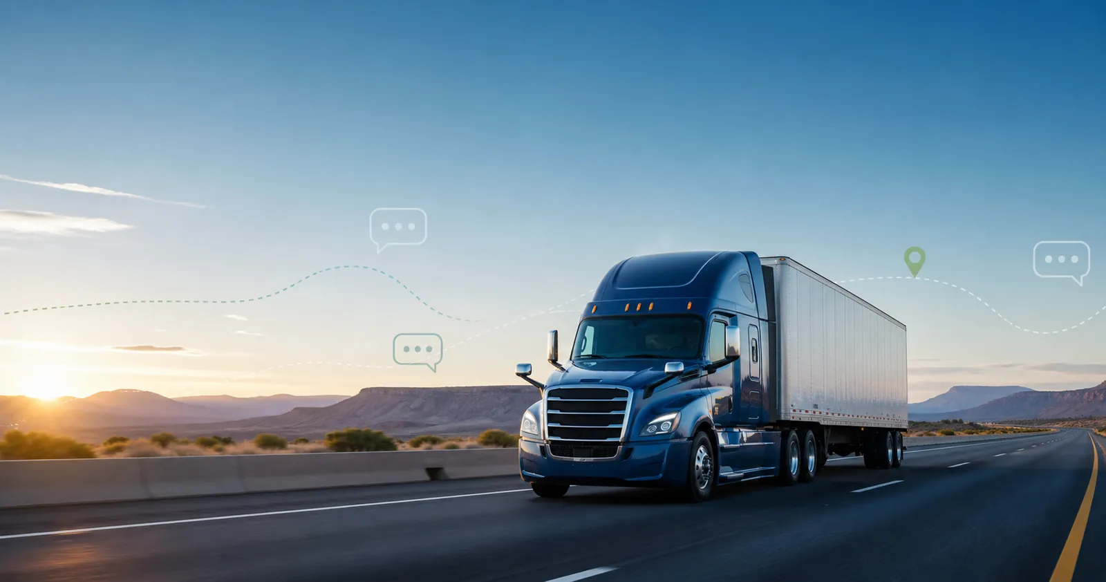 A semi truck traveling on an open highway with subtle communication graphics